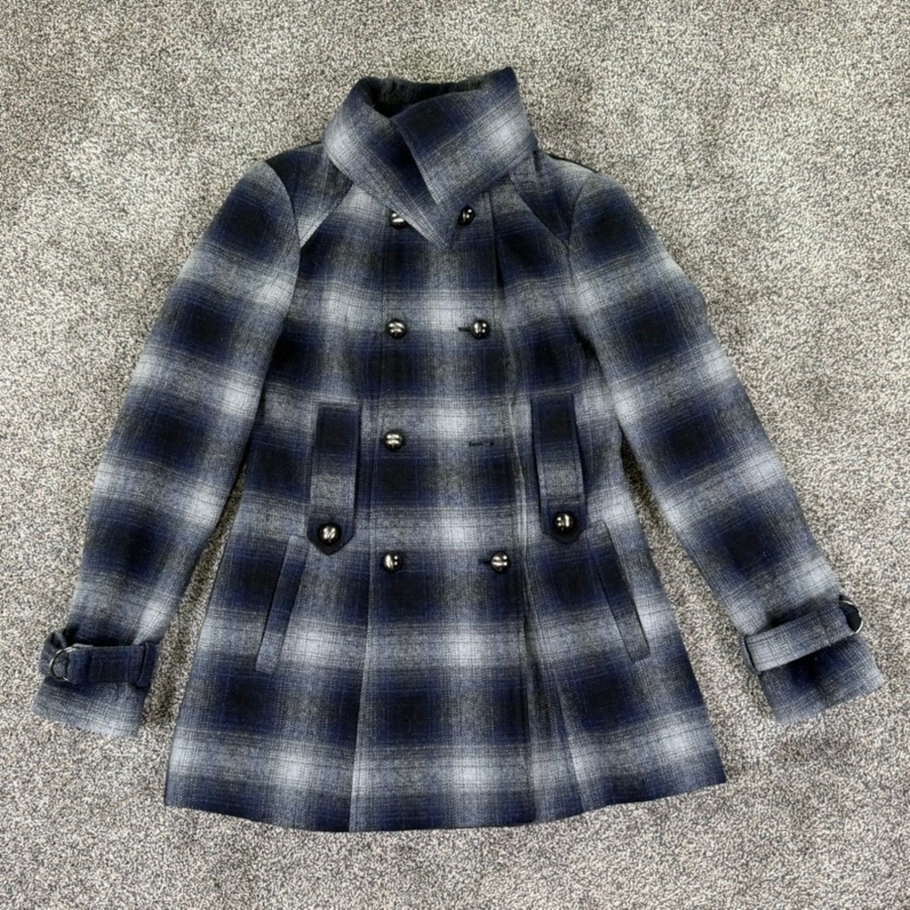 Miss Sixty M60 Blue Grey Plaid Wool Blend Double Breasted‎ Peacoat Jacket Small